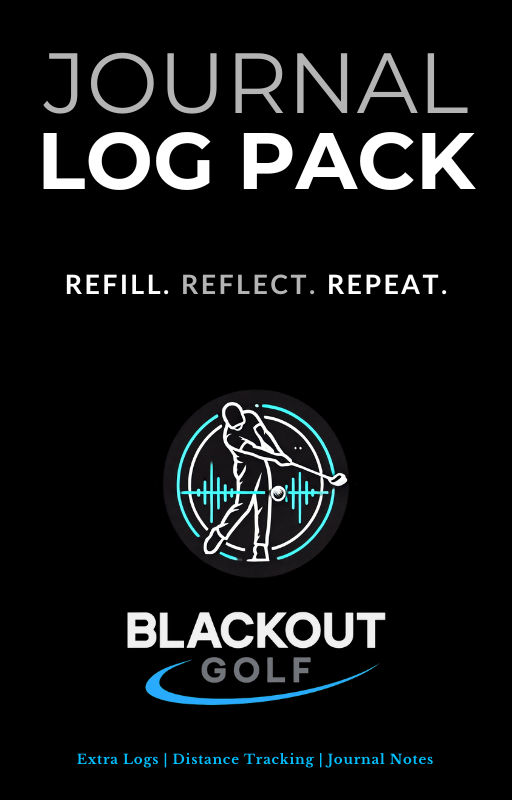 Blackout Golf Journal Log Pack with branding and text on a black background