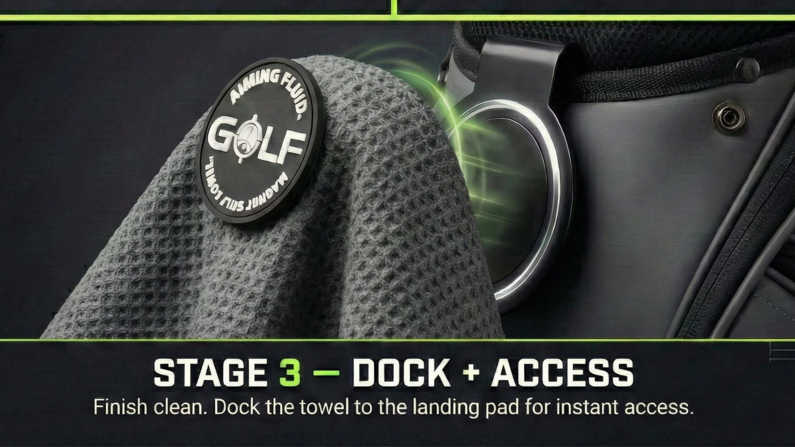 Aiming Fluid Golf performance magnetic golf towels.