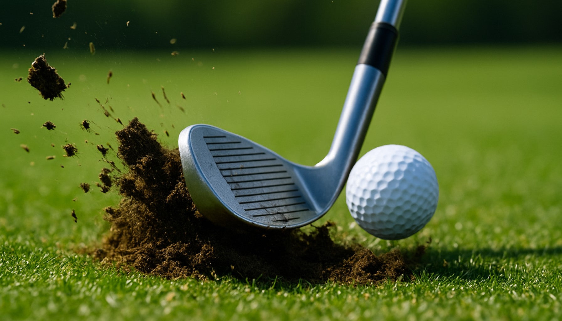 Golf wedge deep turf strike from soft fairway