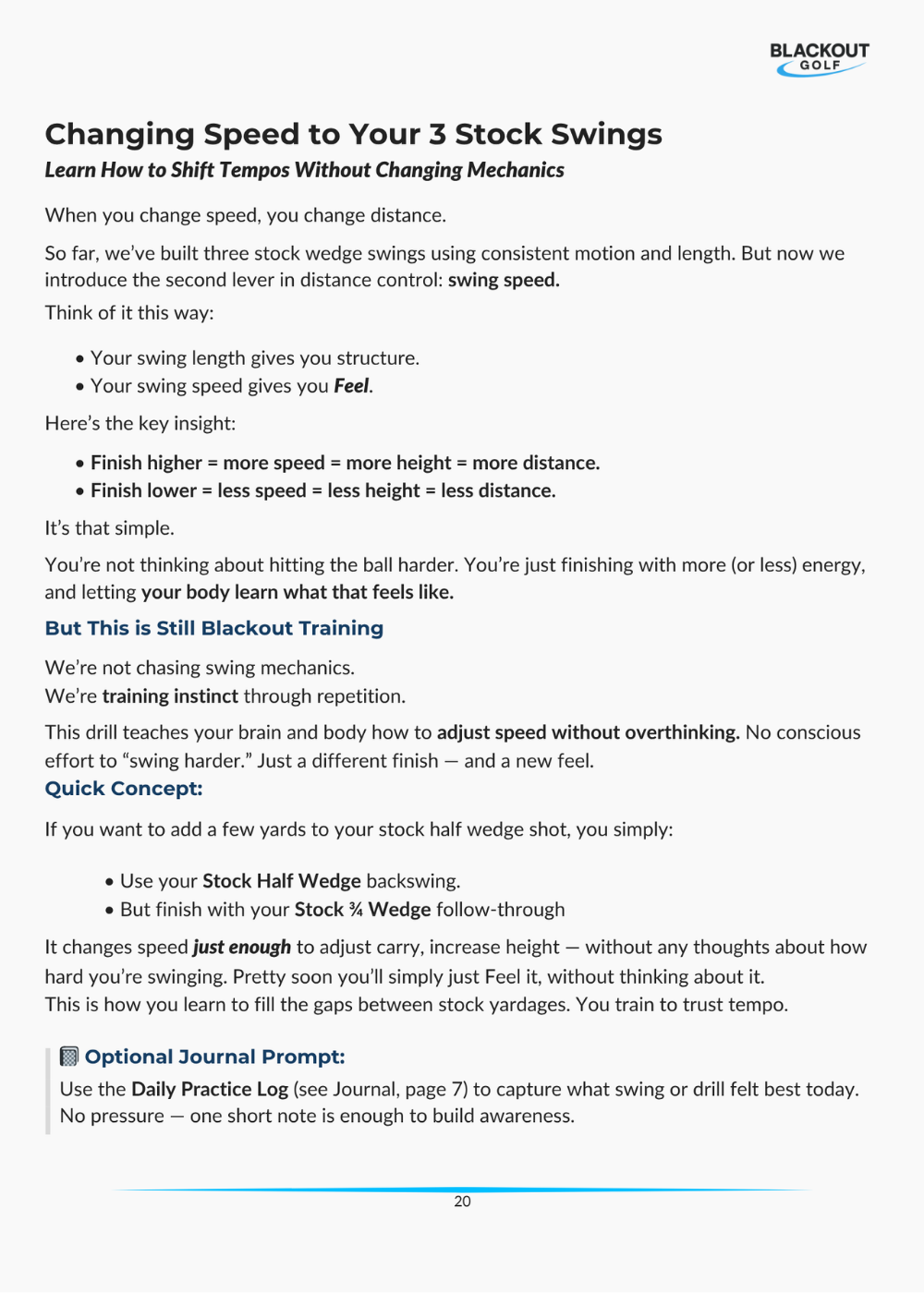 Page 20 out of the Fairway Wedge System eBook, titled Changing Speed to Your 3 Stock Wedge Swings.