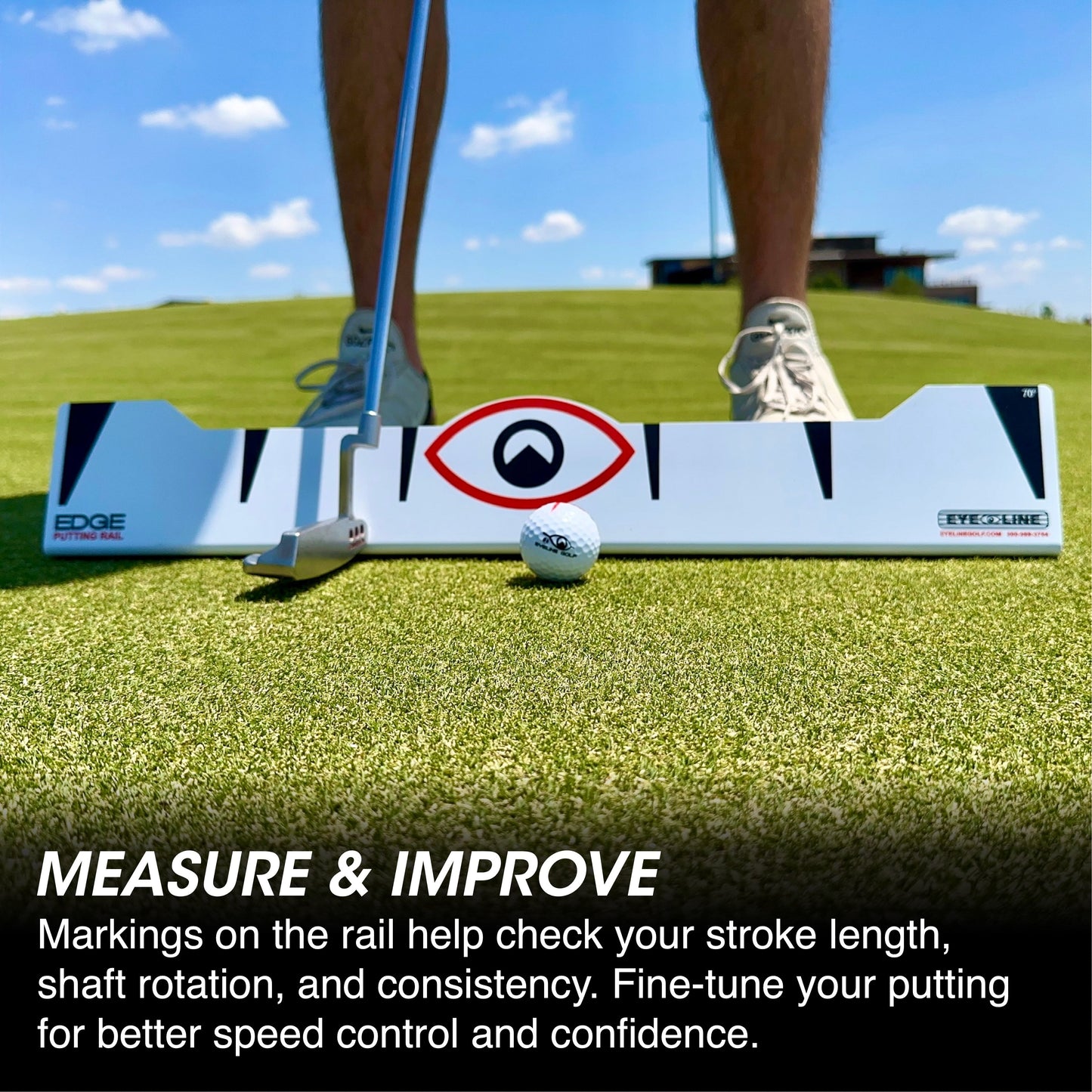 Golf training aid on grass with text about measuring and improving putting skills.