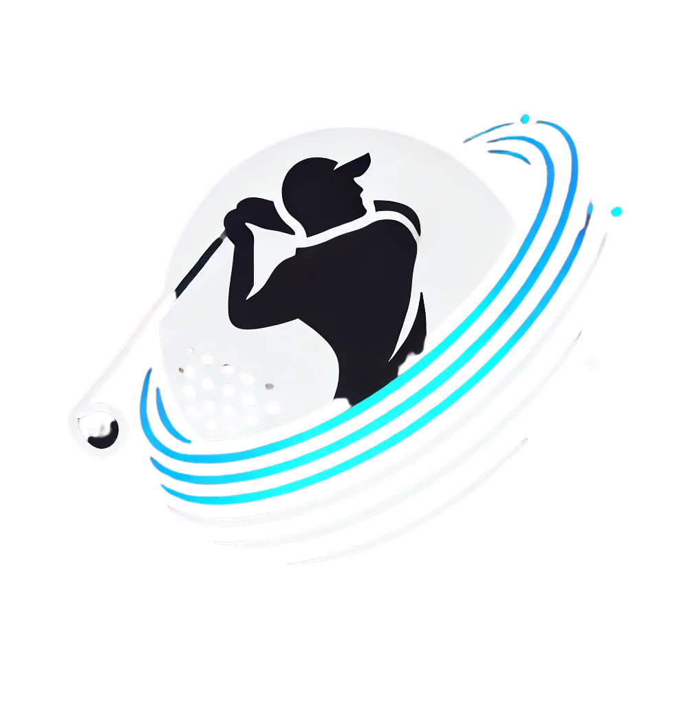 Golf ball with a silhouette of a golfer hitting a golf ball on a white background