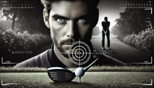 Image of a focus face of a golfer entering Blackout Mode representing a quiet mind, committing to the target, and pulling the trigger.