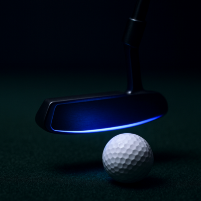 Dark image of a close up of a putter hovering over a ball representing at home putter practice.