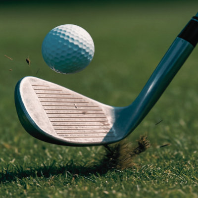 Image of a close up of a wedge golf club hitting a ball from the fairway and taking a very smal divot with grass and dirt spraying up.