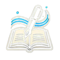 Illustration of an open book with a pen on top, resembling a logo or icon.