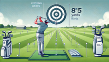 Image of golfer on the driving range with a target in the background, practicing random distance drills.